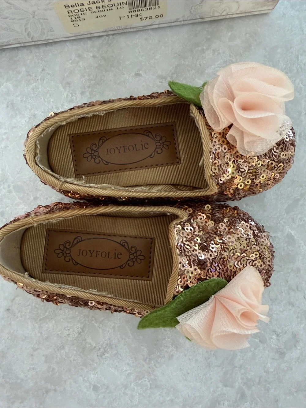 Joyfolie Rose Gold Sequin Slip-On Shoes with Pink Flower